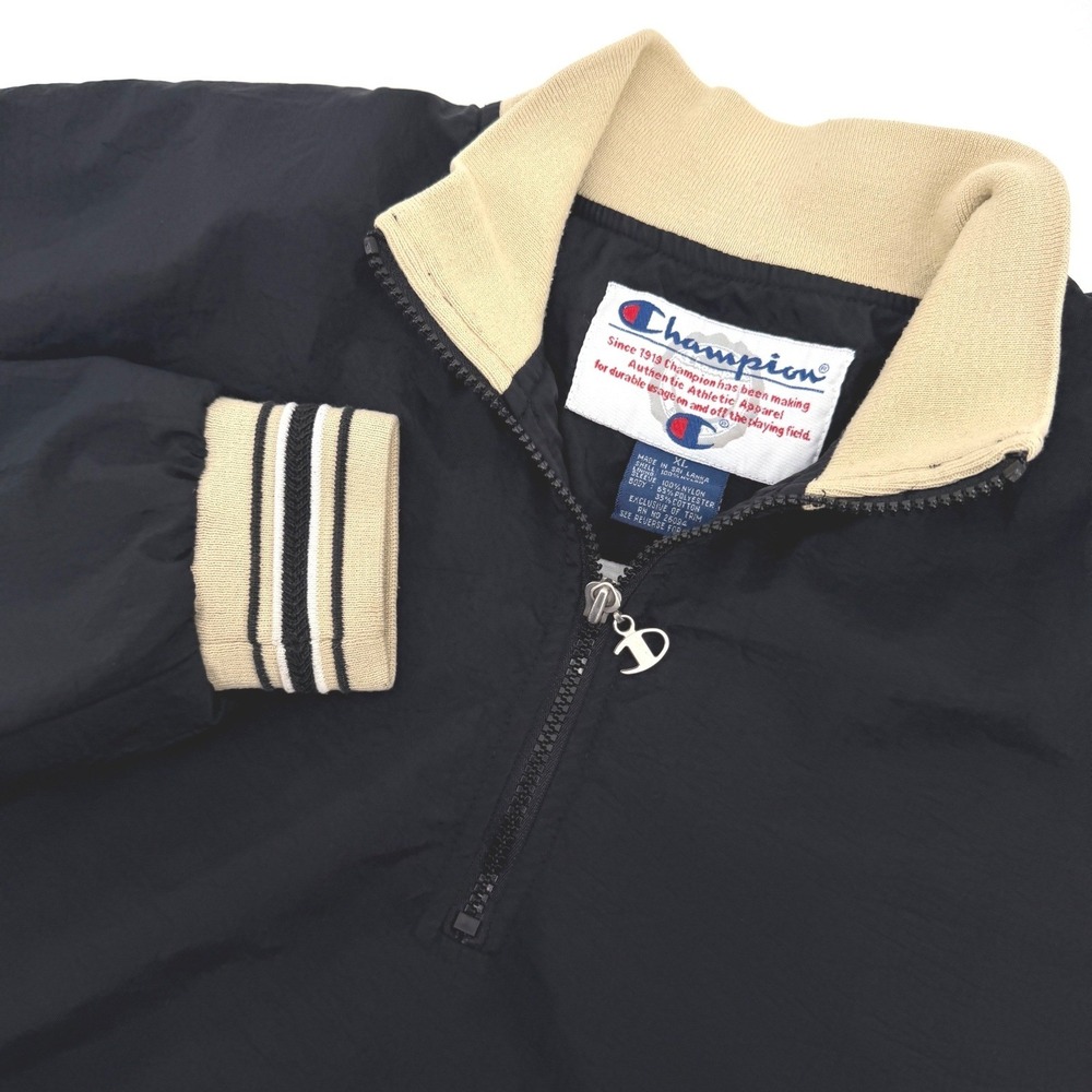 Champion Windbreaker Pullover Mens XL Black Quarter Zip Nylon Outerwear Vintage